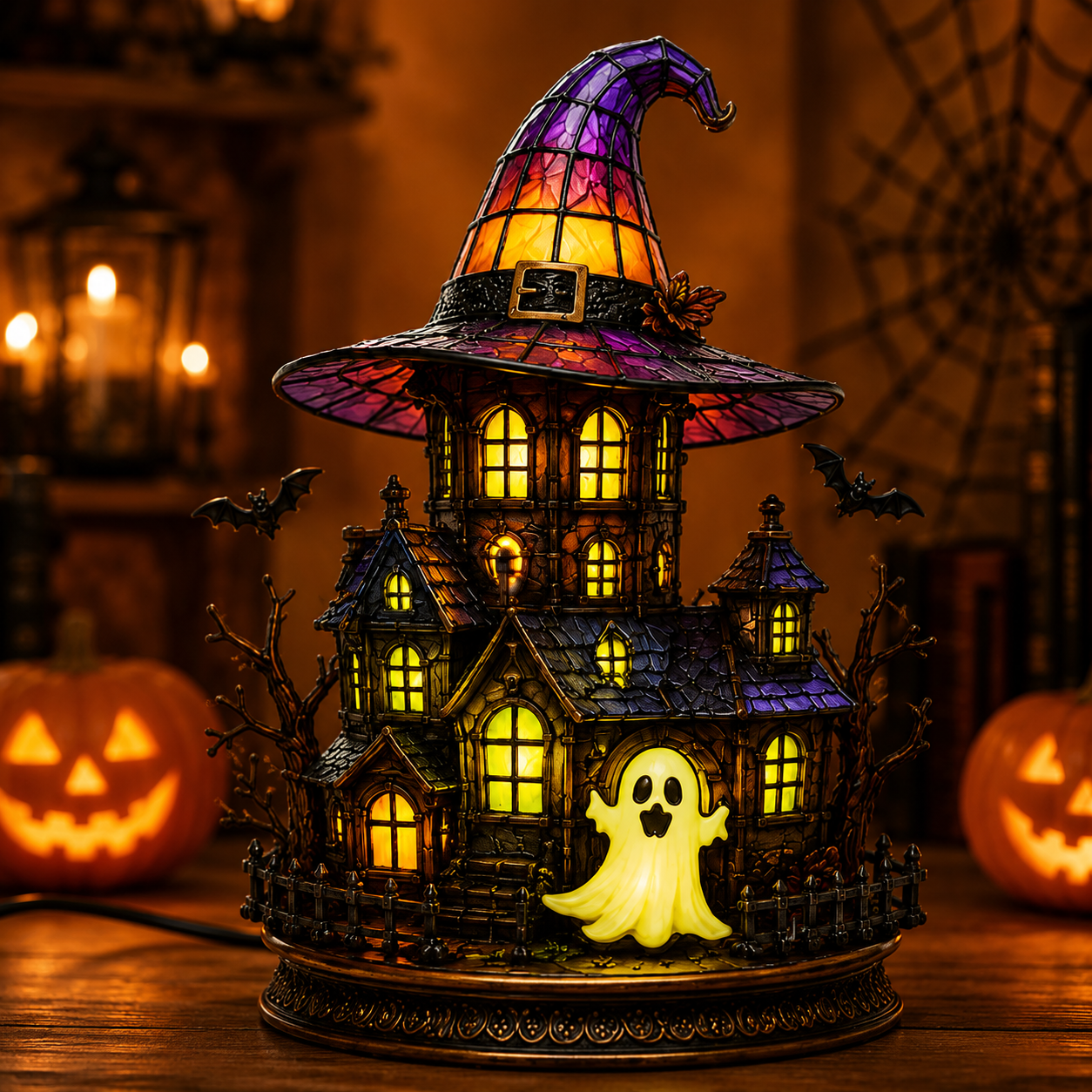 ✨ Gothic Stained Glass Black Cat Table Lamp – Witch Hat Halloween Night Light & Home Decor