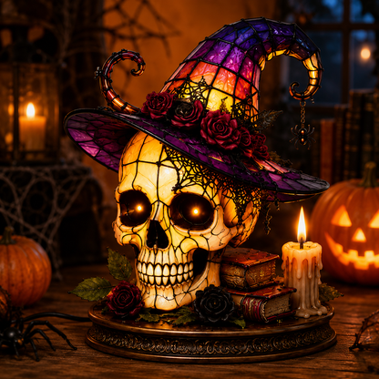 ✨ Gothic Stained Glass Black Cat Table Lamp – Witch Hat Halloween Night Light & Home Decor