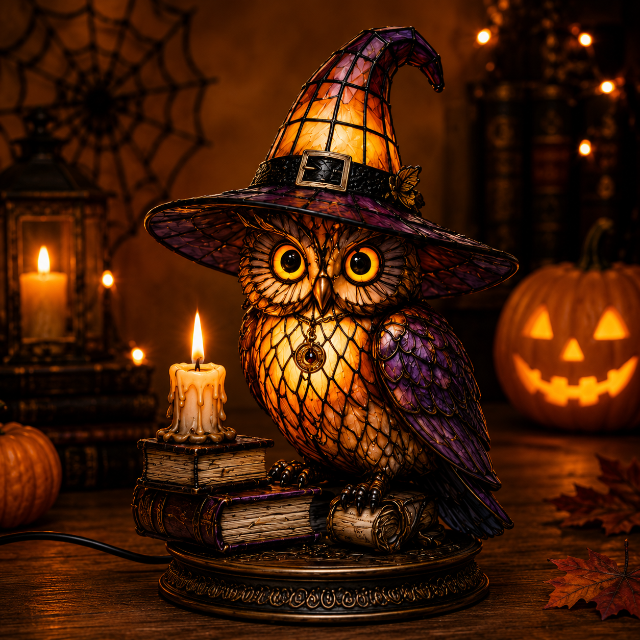 ✨ Gothic Stained Glass Black Cat Table Lamp – Witch Hat Halloween Night Light & Home Decor