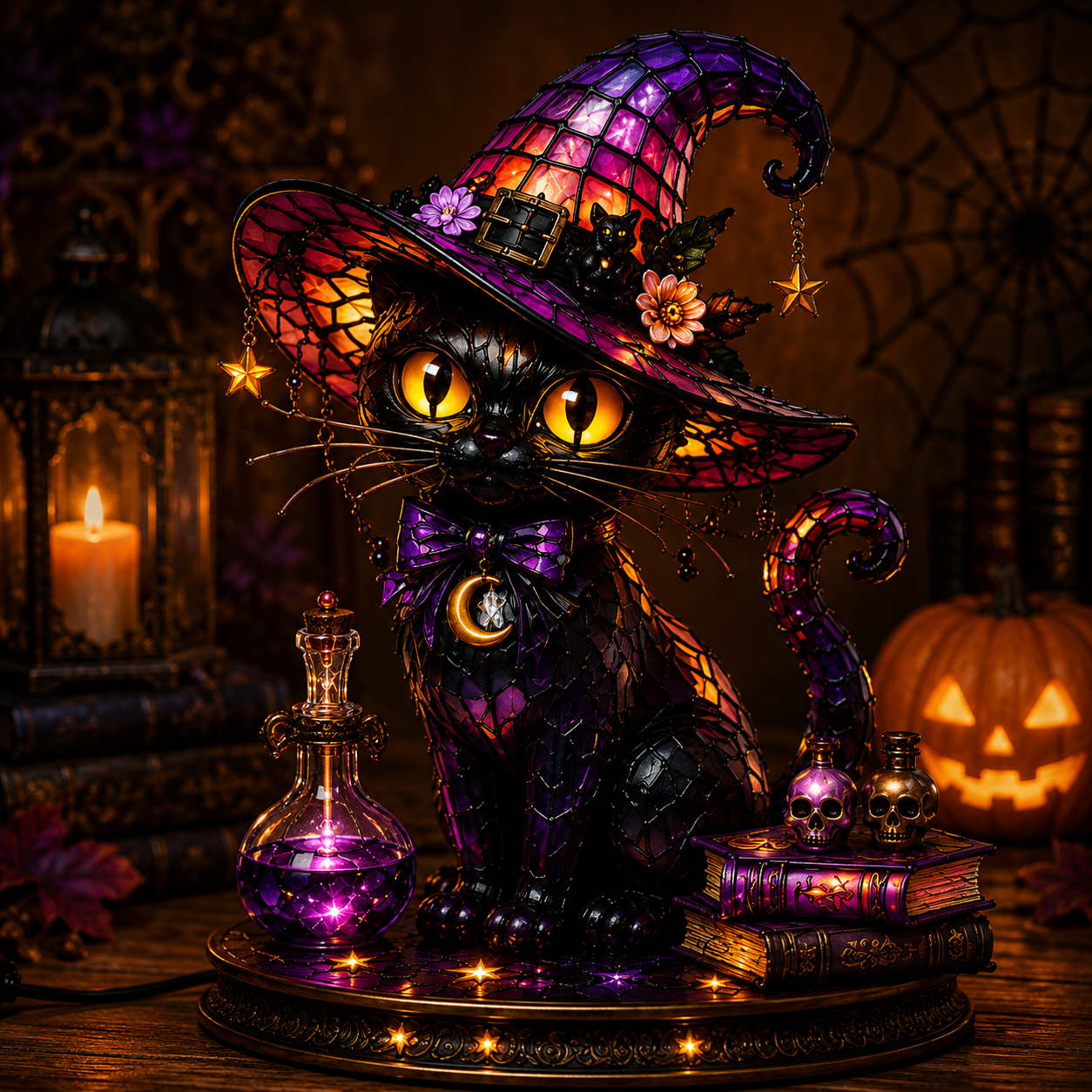 ✨ Gothic Stained Glass Black Cat Table Lamp – Witch Hat Halloween Night Light & Home Decor