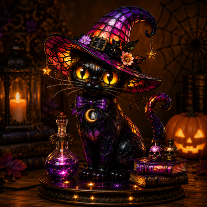 ✨ Gothic Stained Glass Black Cat Table Lamp – Witch Hat Halloween Night Light & Home Decor