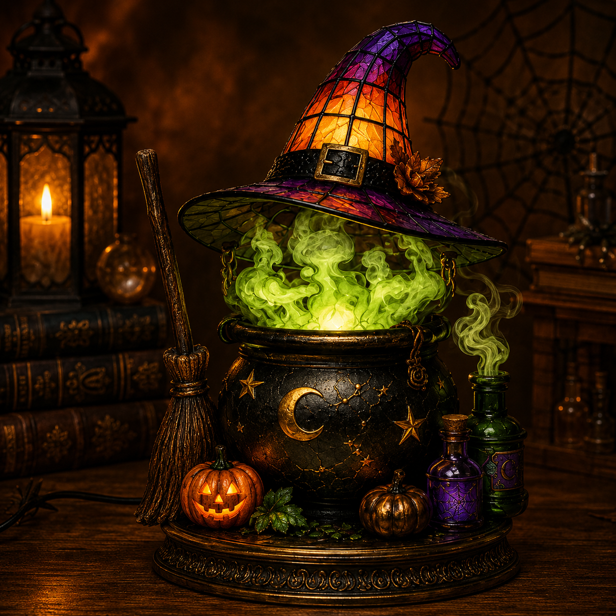 ✨ Gothic Stained Glass Black Cat Table Lamp – Witch Hat Halloween Night Light & Home Decor