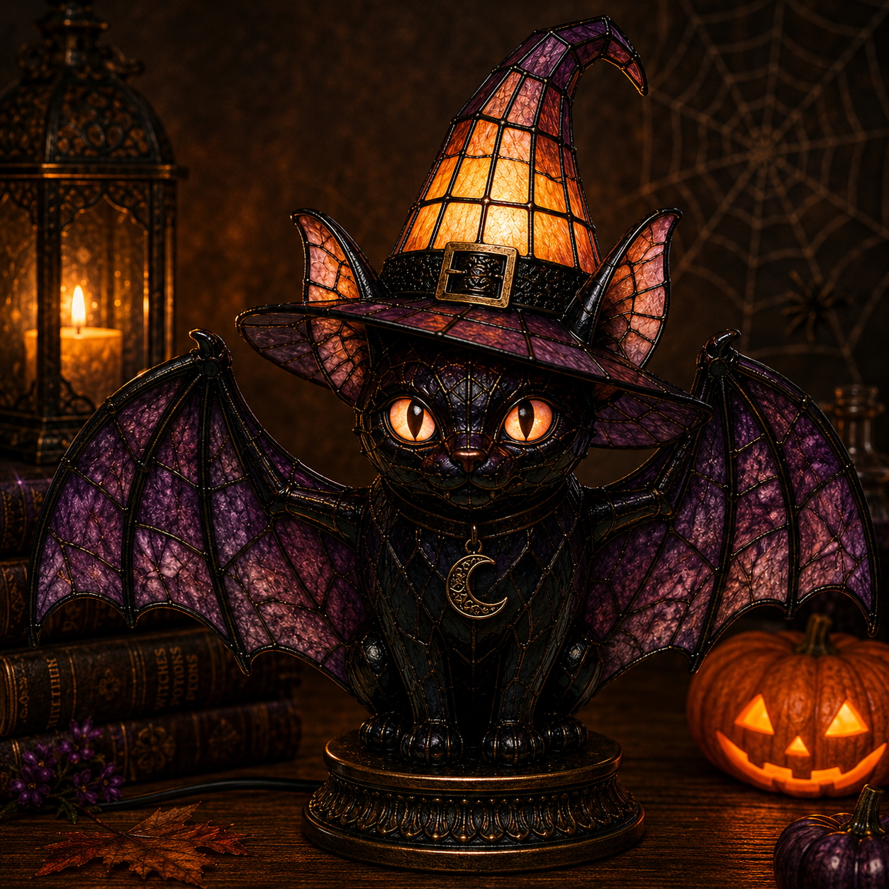✨ Gothic Stained Glass Black Cat Table Lamp – Witch Hat Halloween Night Light & Home Decor
