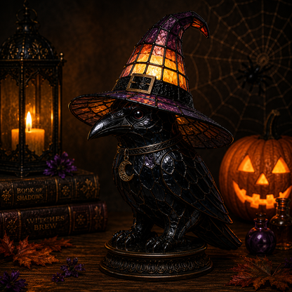 ✨ Gothic Stained Glass Black Cat Table Lamp – Witch Hat Halloween Night Light & Home Decor