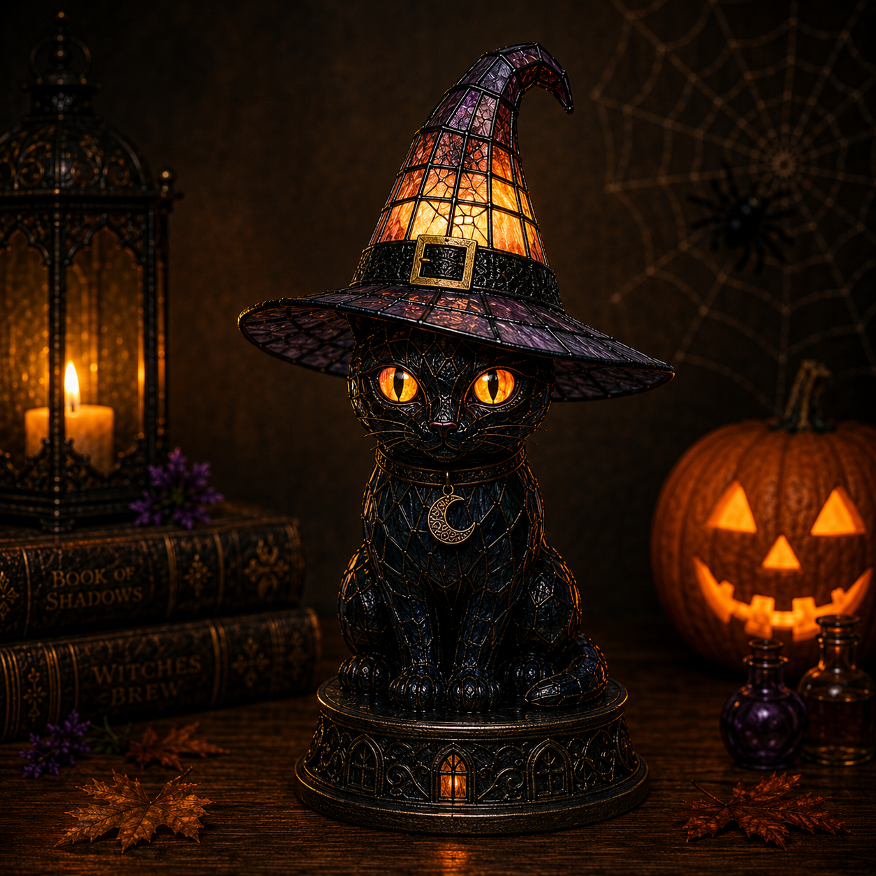 ✨ Gothic Stained Glass Black Cat Table Lamp – Witch Hat Halloween Night Light & Home Decor