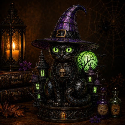 ✨ Gothic Stained Glass Black Cat Table Lamp – Witch Hat Halloween Night Light & Home Decor