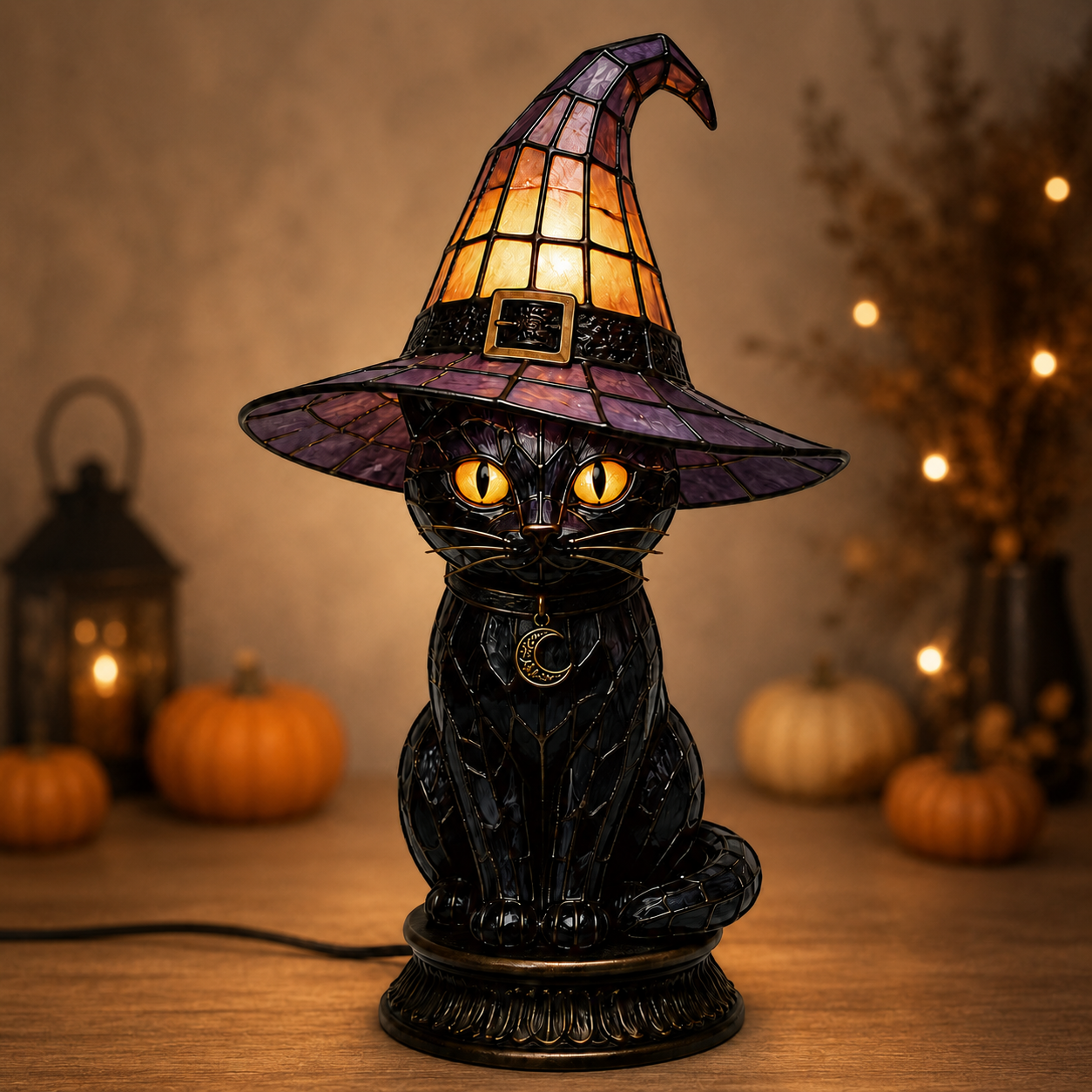✨ Gothic Stained Glass Black Cat Table Lamp – Witch Hat Halloween Night Light & Home Decor