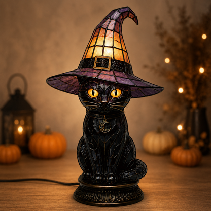 ✨ Gothic Stained Glass Black Cat Table Lamp – Witch Hat Halloween Night Light & Home Decor