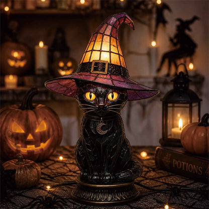 ✨ Gothic Stained Glass Black Cat Table Lamp – Witch Hat Halloween Night Light & Home Decor