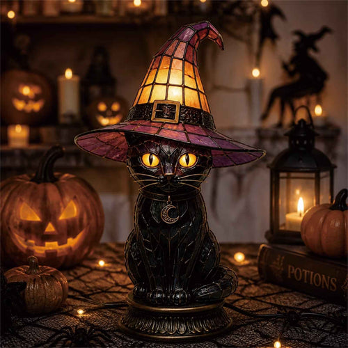 ✨ Gothic Stained Glass Black Cat Table Lamp – Witch Hat Halloween Night Light & Home Decor