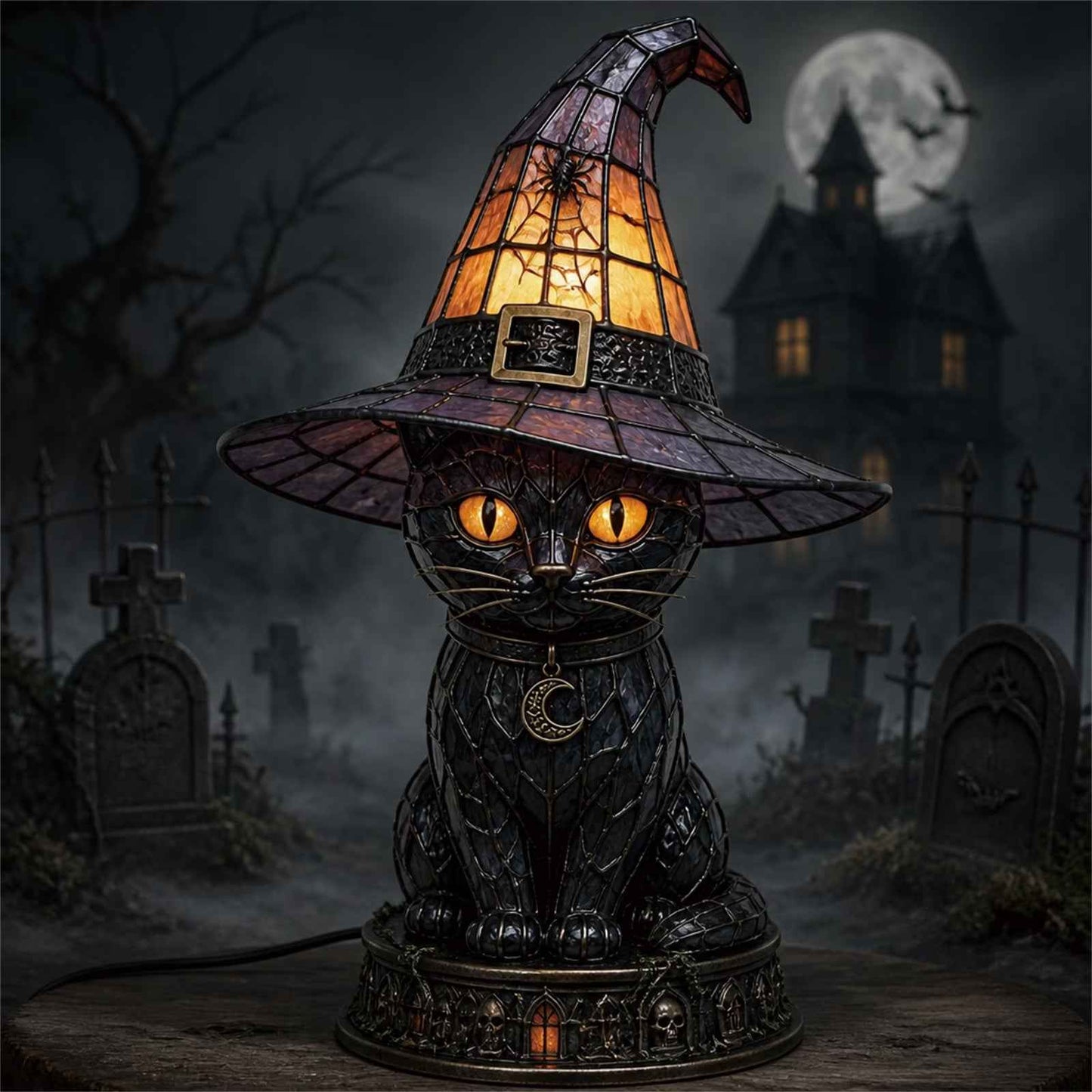 ✨ Gothic Stained Glass Black Cat Table Lamp – Witch Hat Halloween Night Light & Home Decor