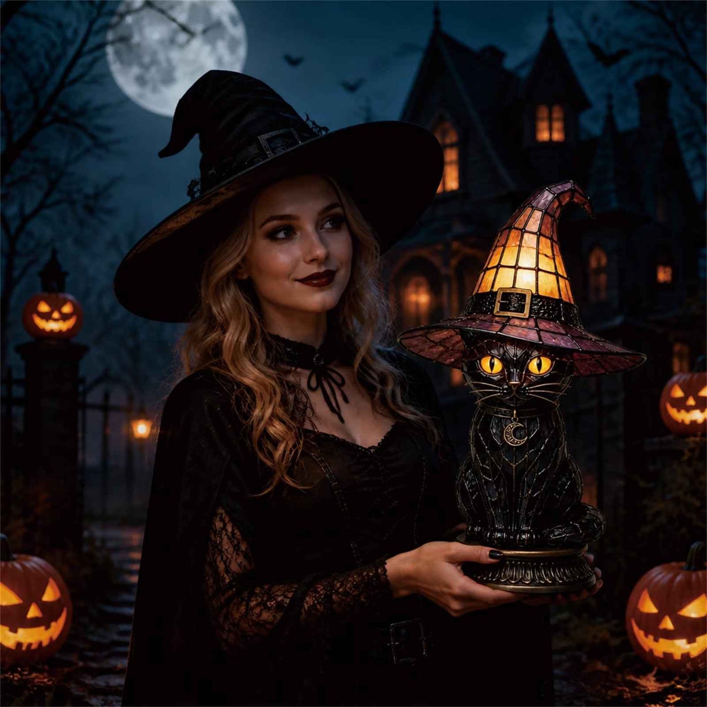 ✨ Gothic Stained Glass Black Cat Table Lamp – Witch Hat Halloween Night Light & Home Decor