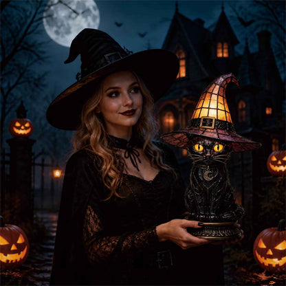 ✨ Gothic Stained Glass Black Cat Table Lamp – Witch Hat Halloween Night Light & Home Decor